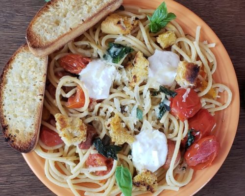 Cherry Tomato Summer Pasta with Lemony Croutons Recipe